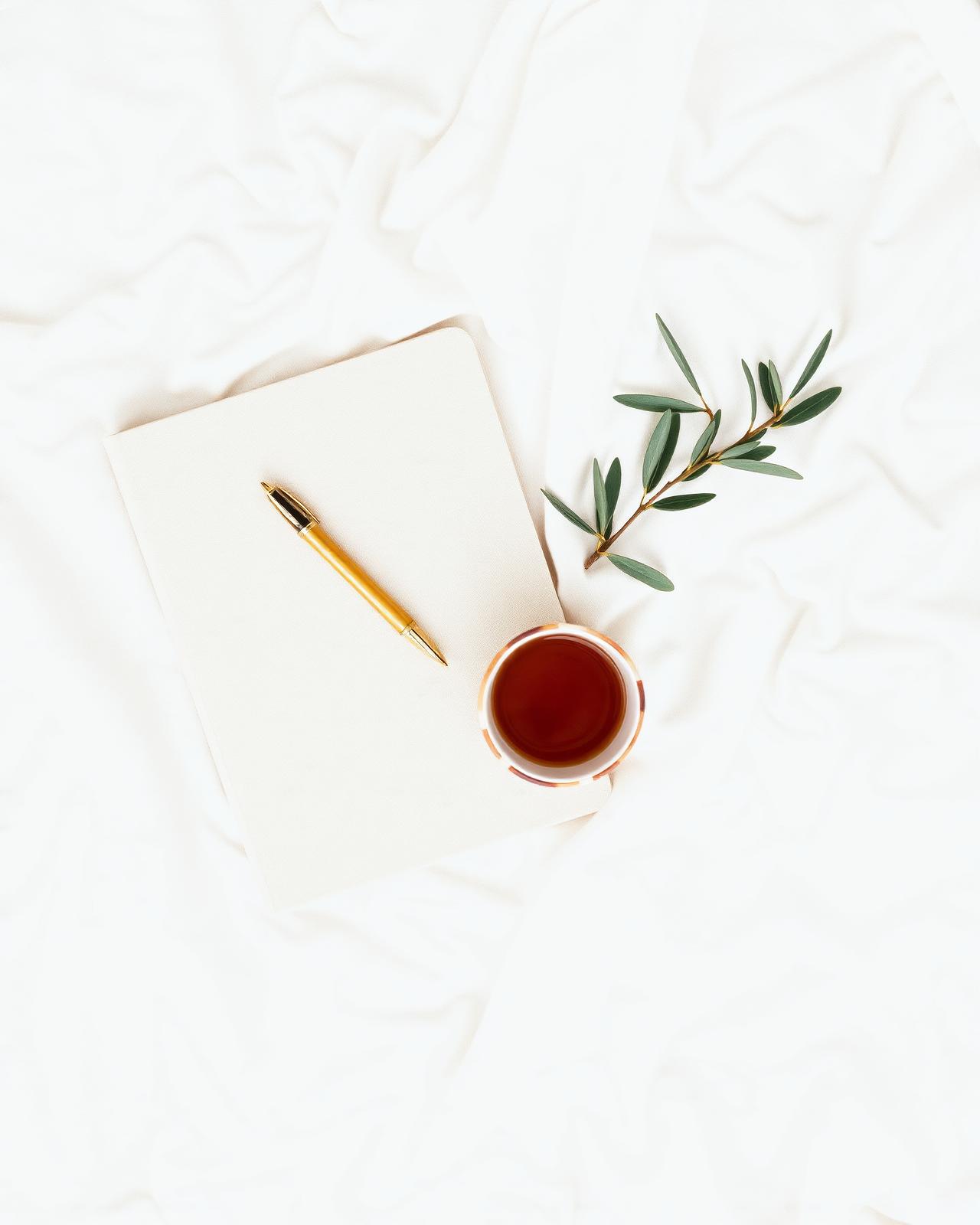 A linen notebook, brass pen, cup of tea and olive branch on cream cloth